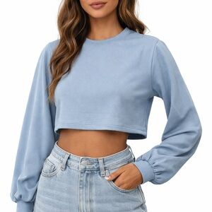 SHEIN Light Blue Ribbed Cropped Sweatshirt Balloon Sleeves Size M